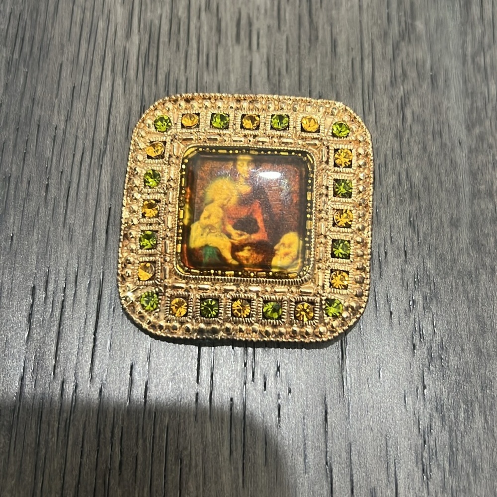 Gold like Jesus and mother Mary rhinestone pin - Picture 2 of 7